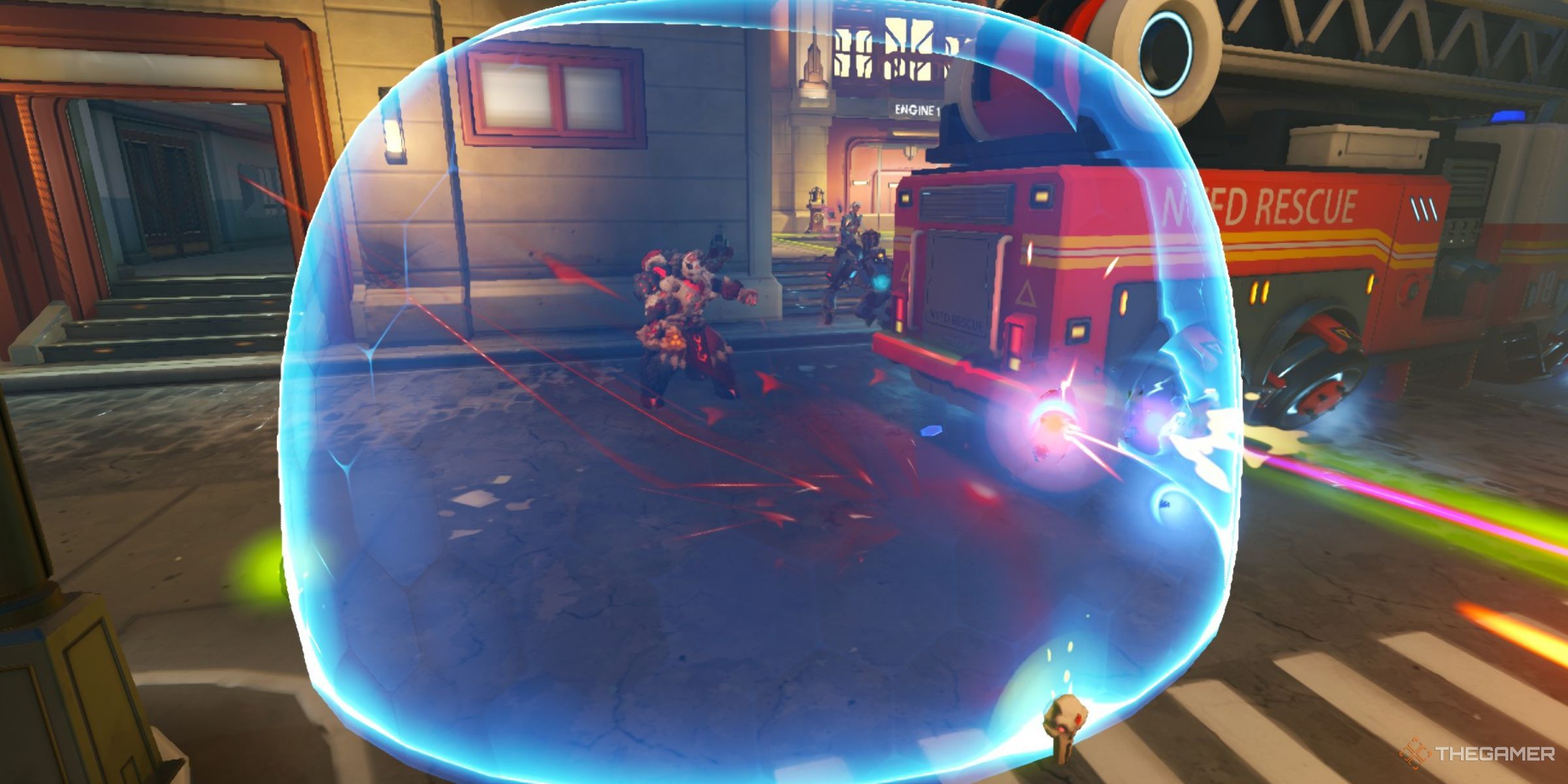 Orisa Using Her Perk, Protective Barrier In Midtown In Overwatch 2.