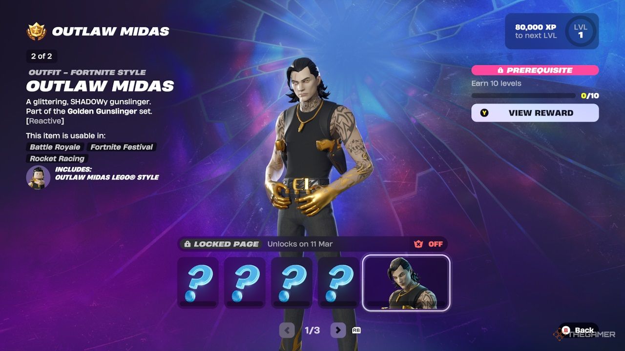 Outlaw Midas rewards page in Fortnite.