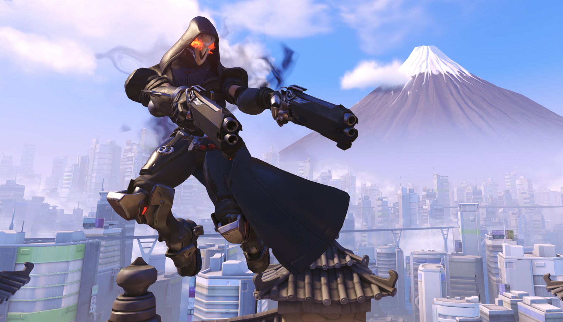 Overwatch 2 screenshot of Reaper leaping into the air with both shotguns brandished. 