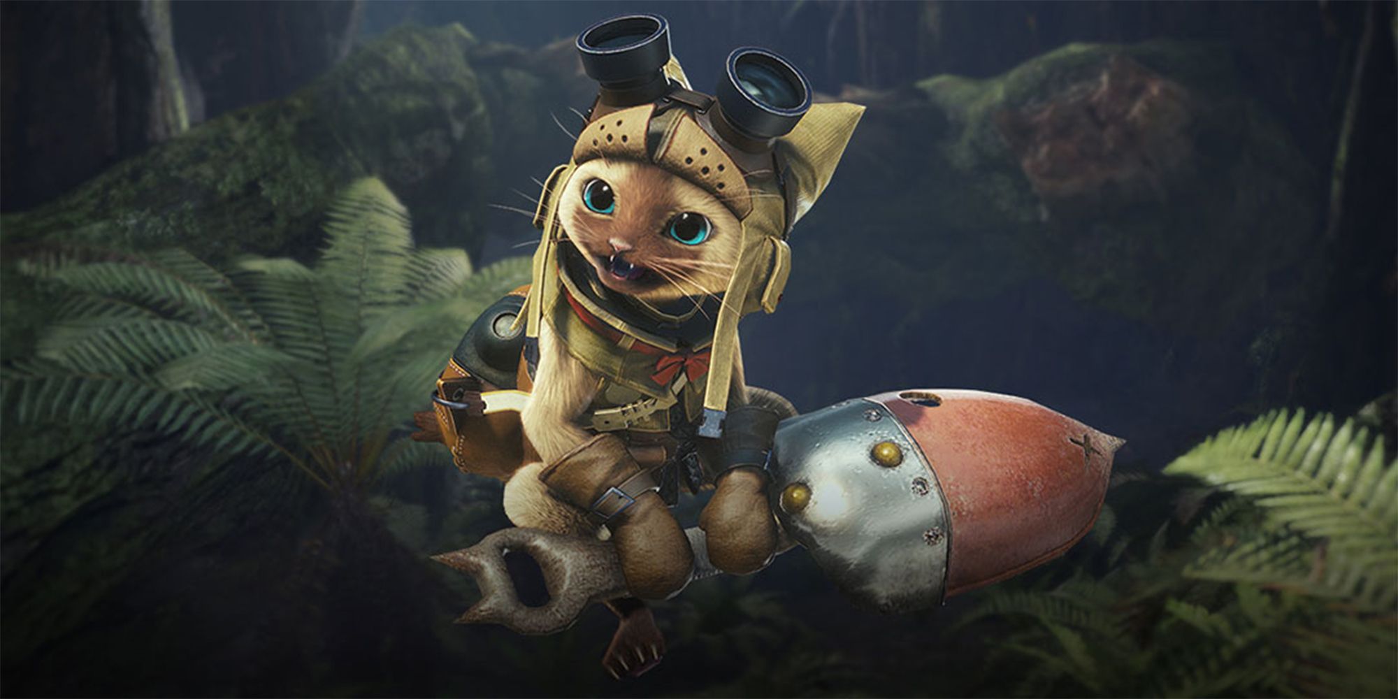 a palico wearing goggles and adventuring gear in the forest