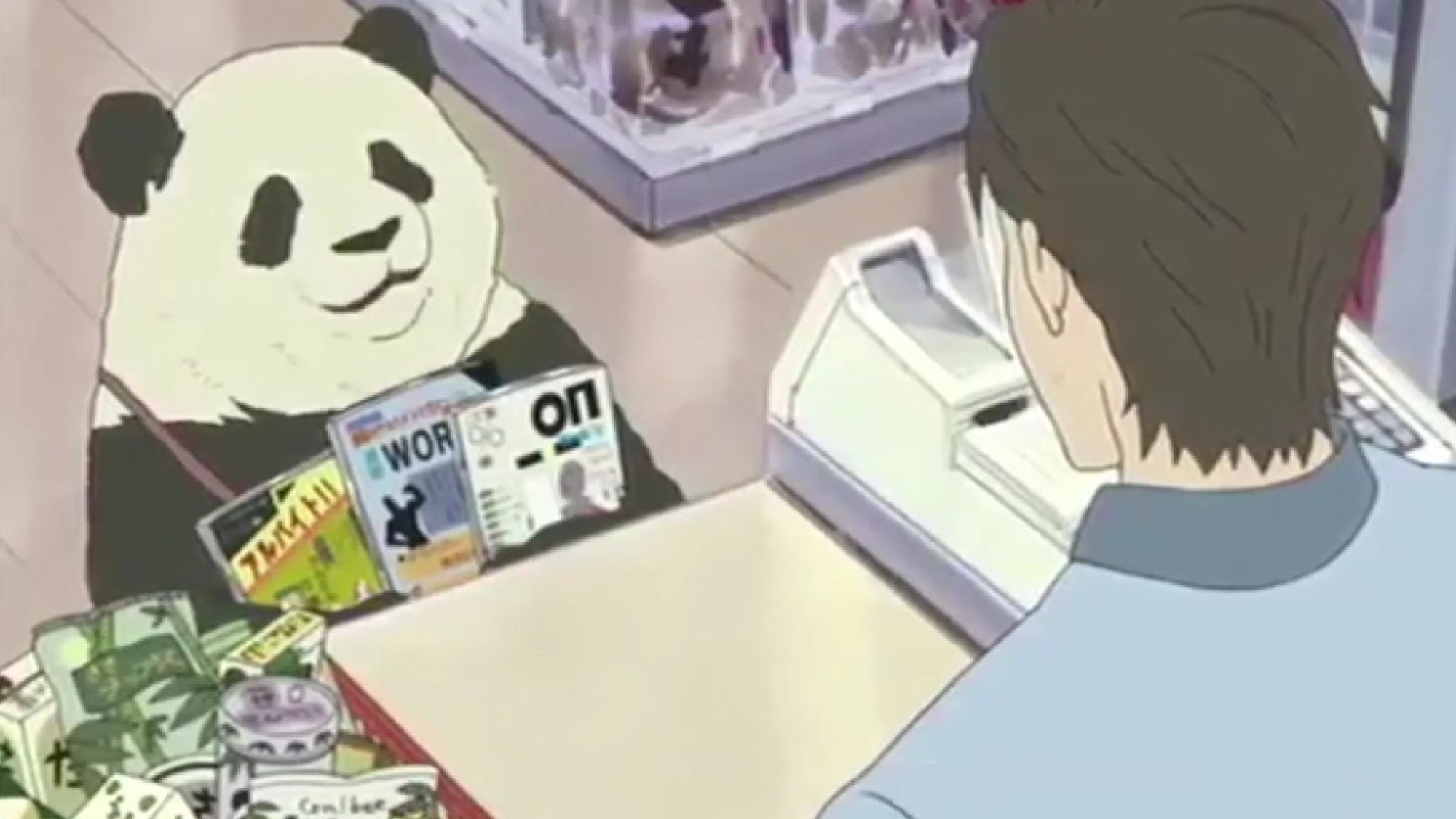 Panda has a few questions for this cashier that he hopes will land him the ideal job.