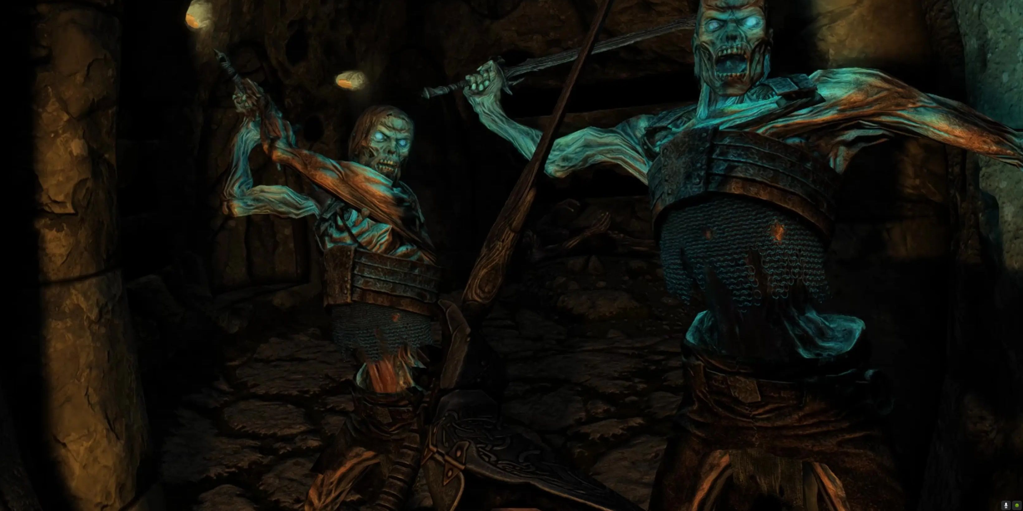 Skyrim: zombie soldiers lurching into attack from the darkness.