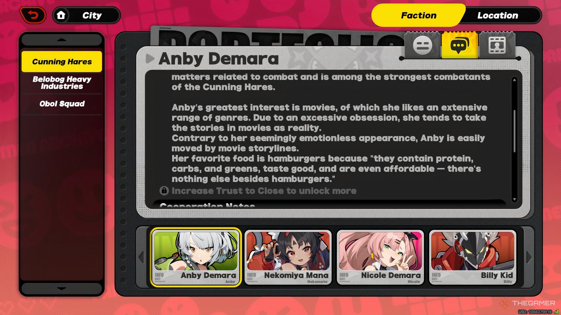 The Agent information page in the Partner Archive of Zenless Zone Zero.