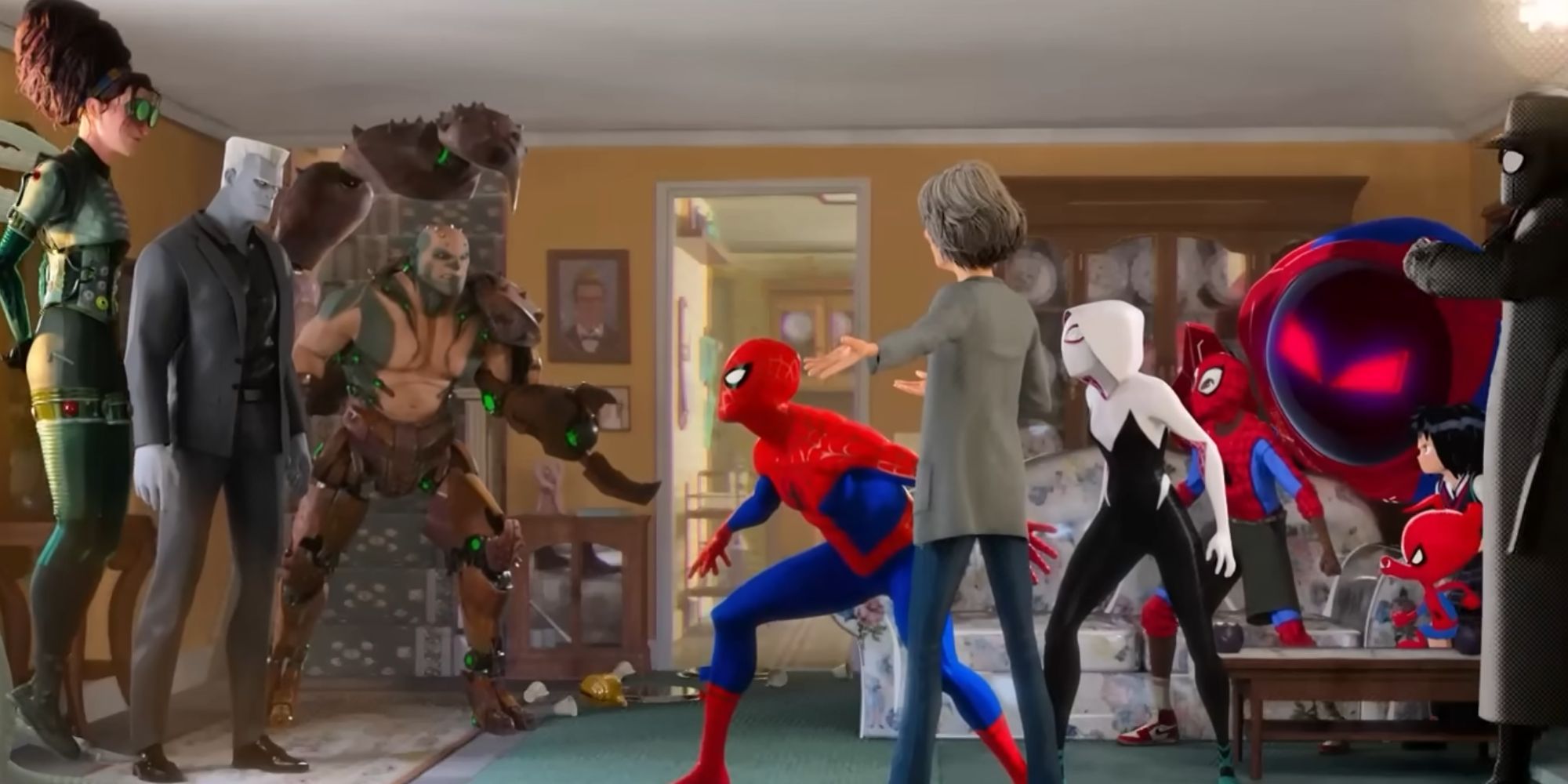 Peter, Gwen, Penni, Spider-Ham and Noir face Doc Ock, Tombstone and Scorpion in Aunt May's house.