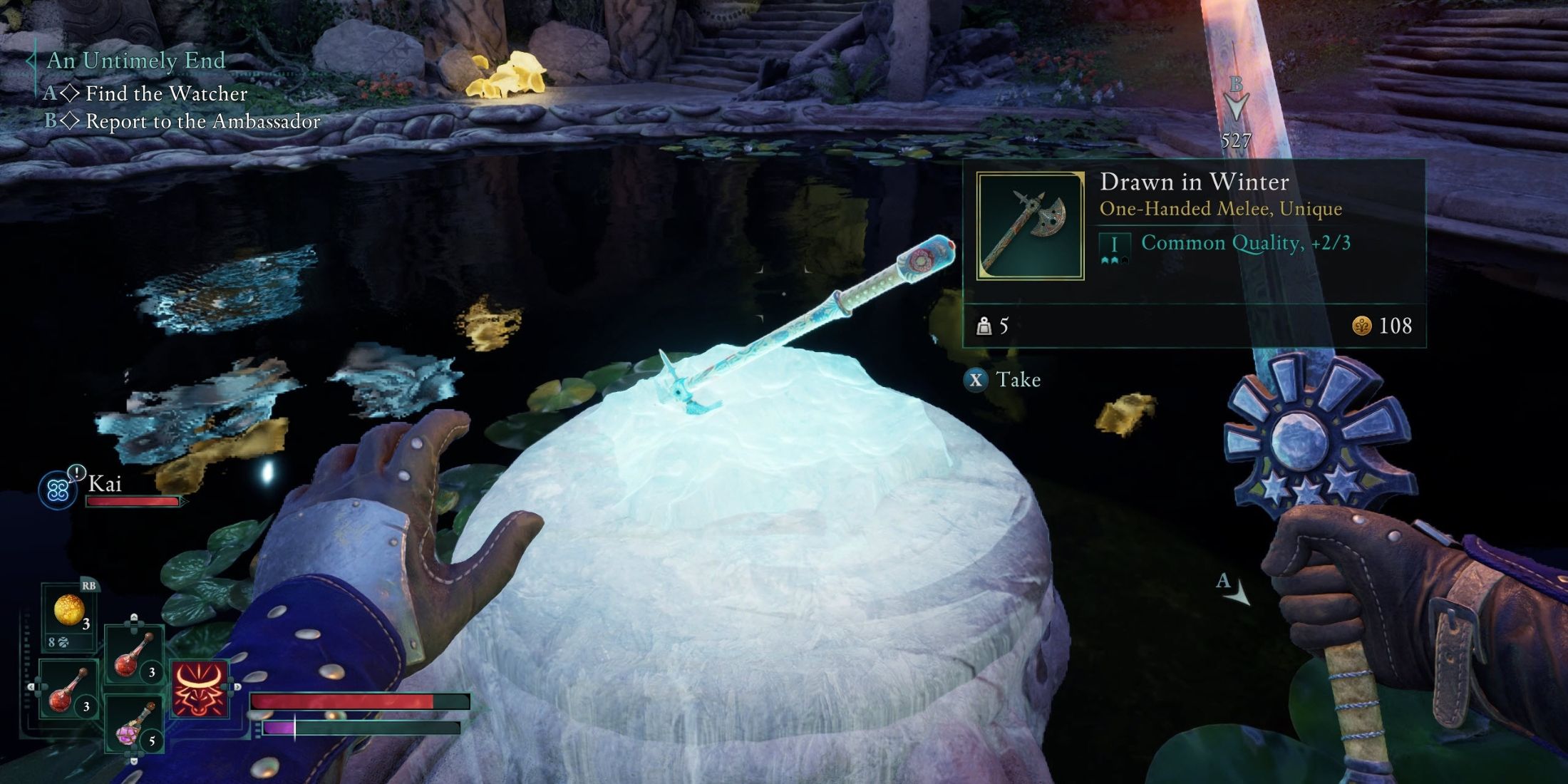 Pick Up the Drawn in Winter Unique Axe from Frozen Slab Avowed