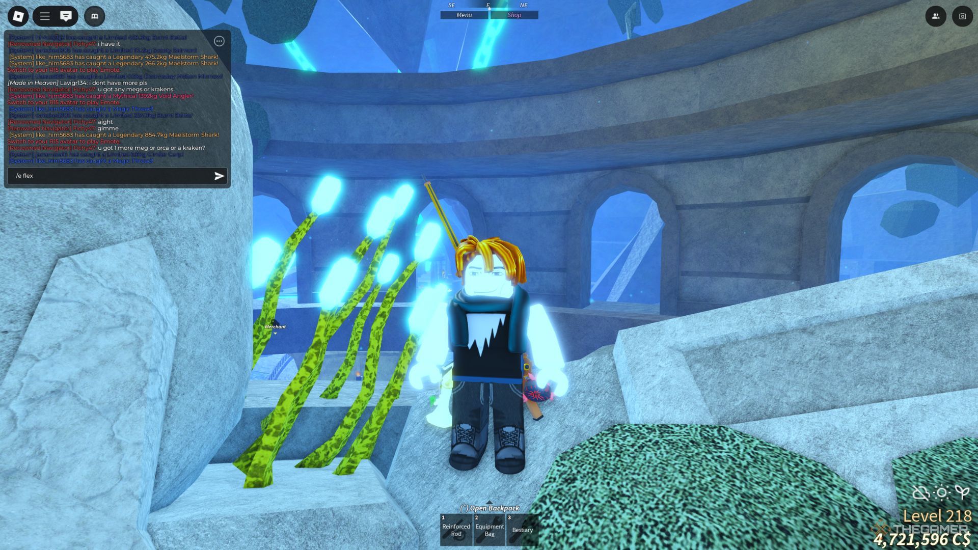 The player character is using a flex emote while standing on a huge Zeus statue in the Atlantis area in Fisch.