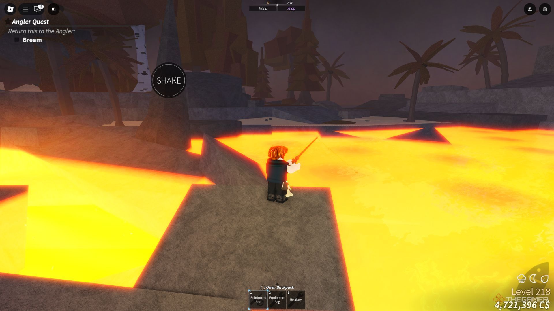 The player character is fishing in the lava pool in the Roslit Bay area in Fisch.