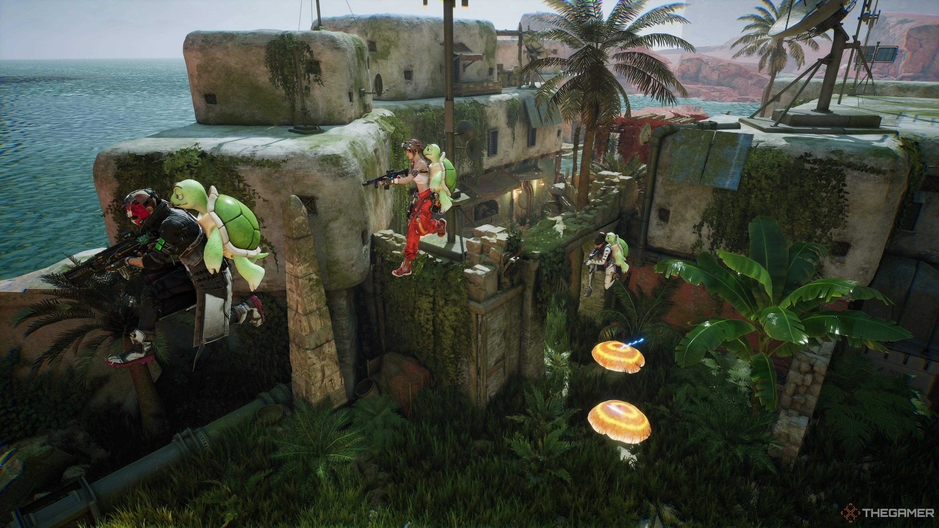 Players bouncing using mushrooms and turtles on their backs in Fragpunk