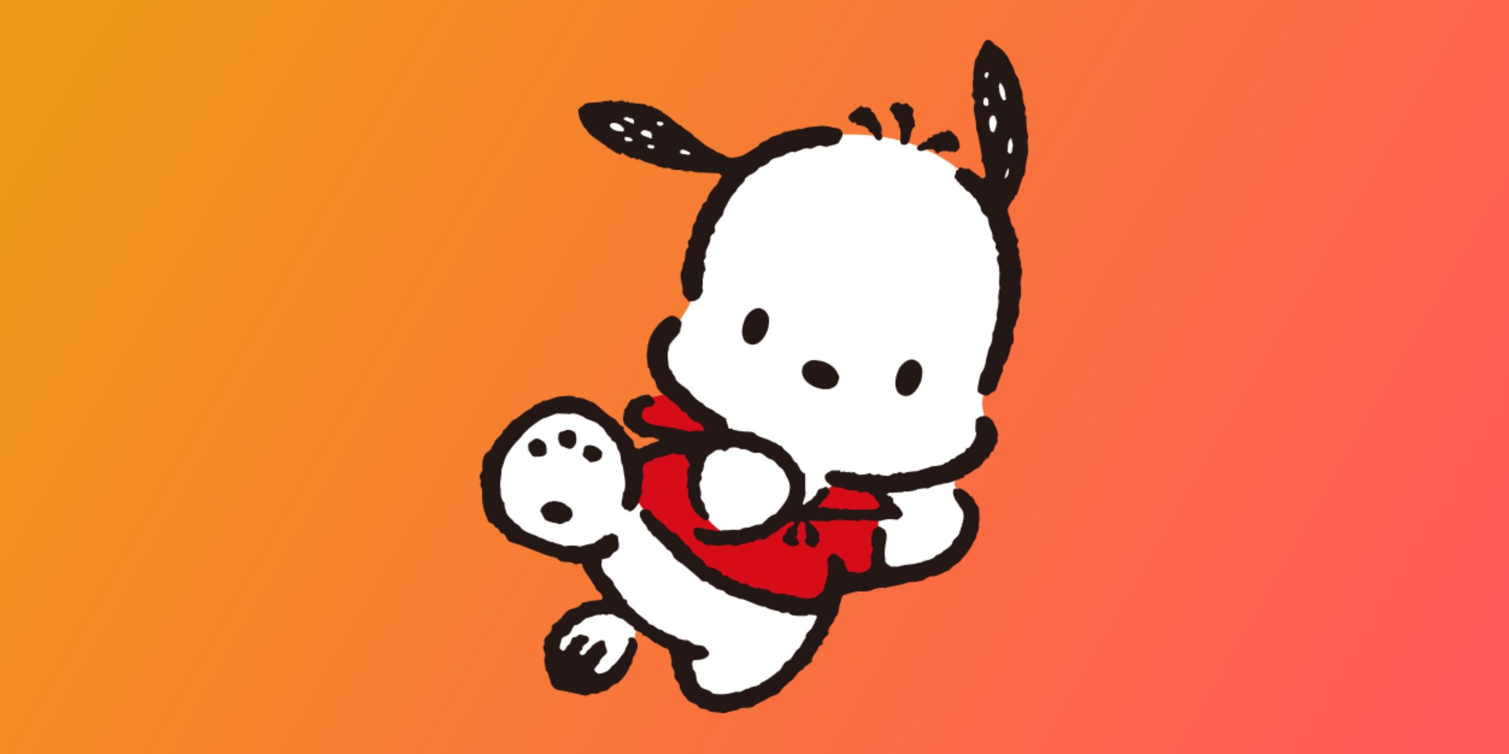 Pochacco on an orange and red gradient background.