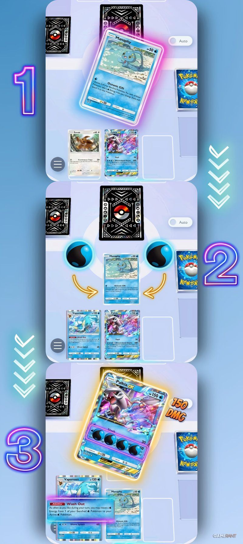 infographic showing palkia ex and vaporeon's play line.