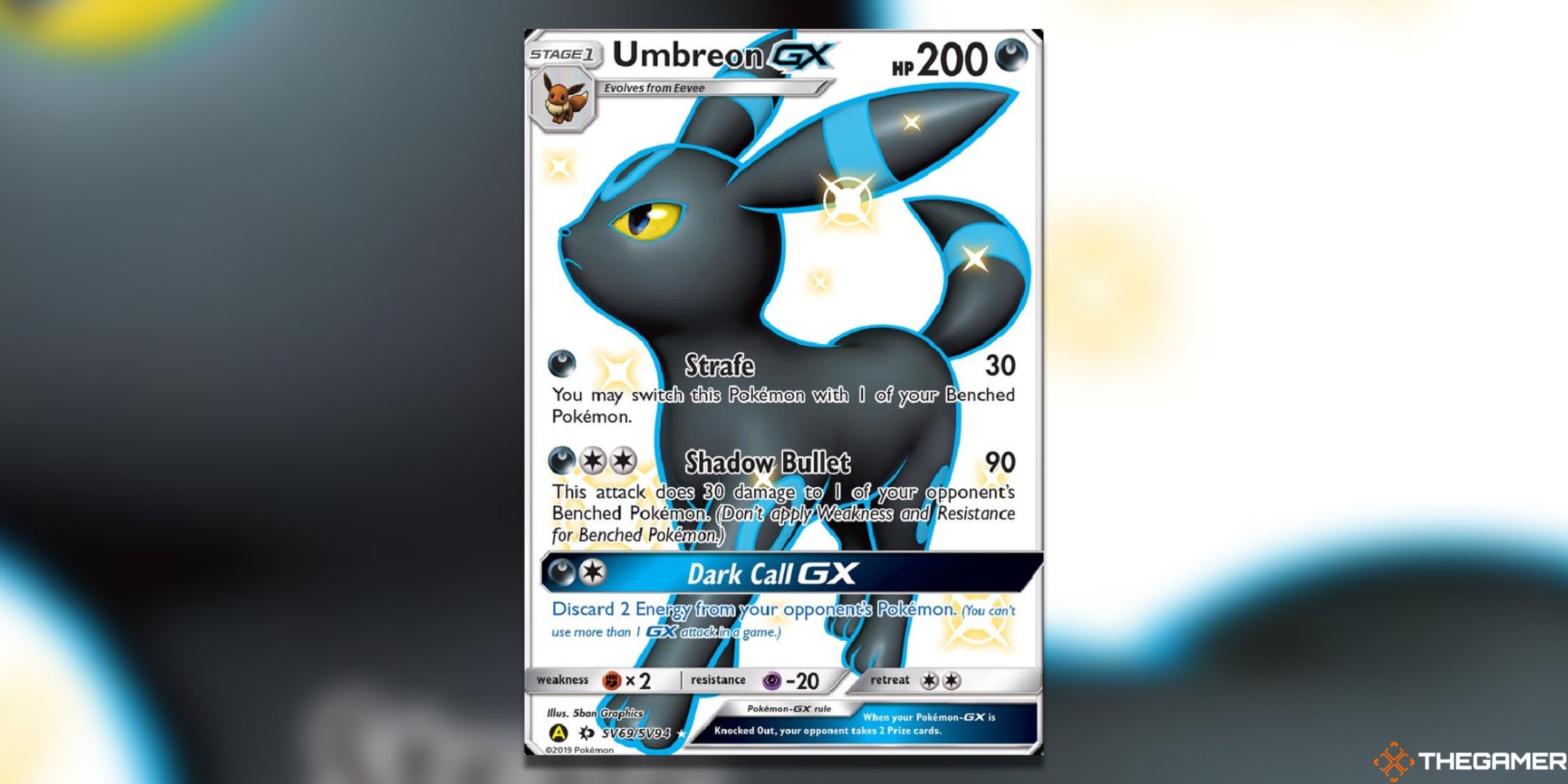 The Shiny Umbreon from the Hidden Fates Shiny Vault in the Pokemon TCG.