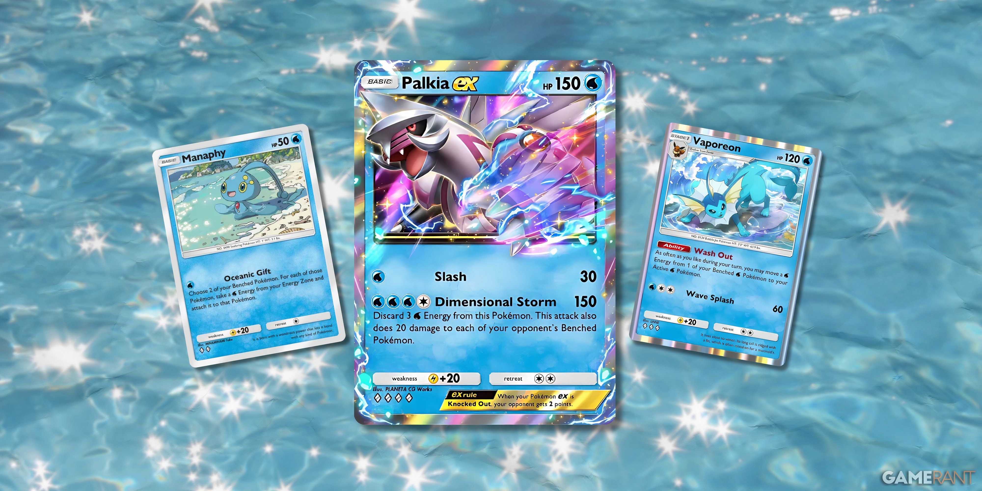 palkia ex, vaporeon, and manaphy in pokemon tcg pocket.