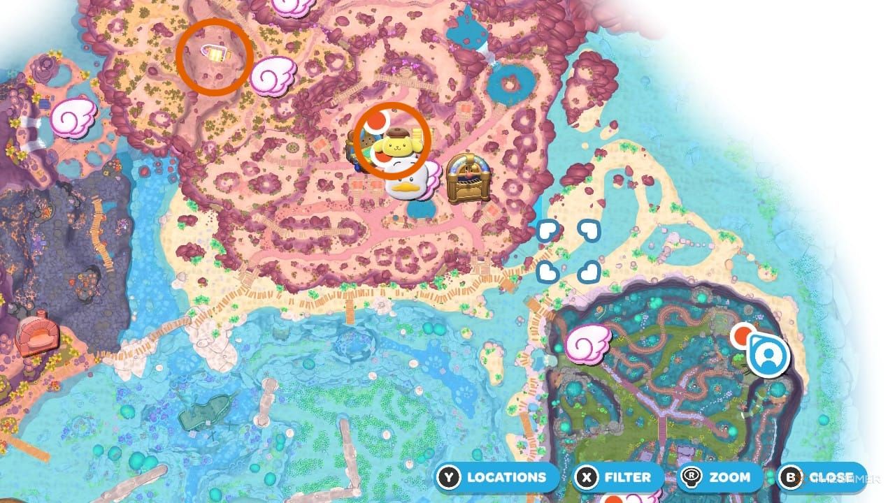 Pompompurin's map location in Hello Kitty Island Adventure.