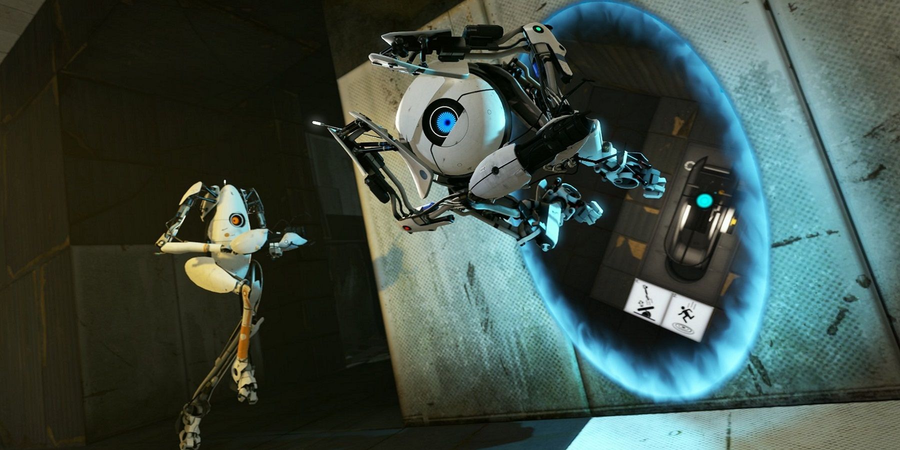 Image from Portal 2 showing Atlas coming out of a blue portal.