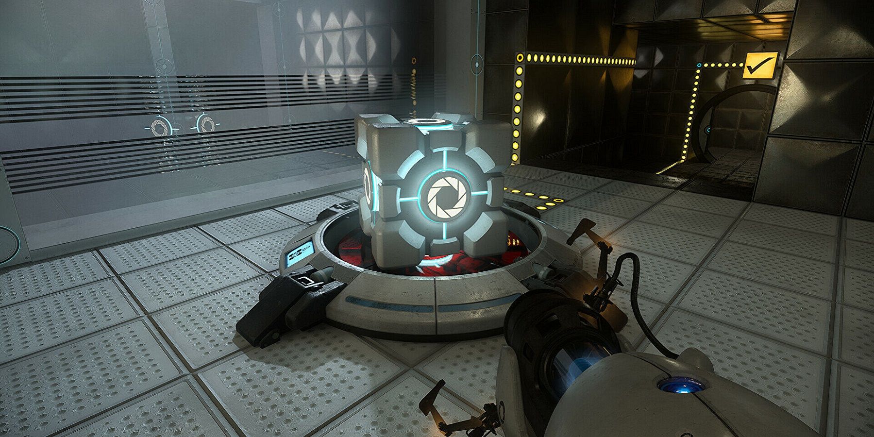 Image from Portal RTX showing a cube on a red button.