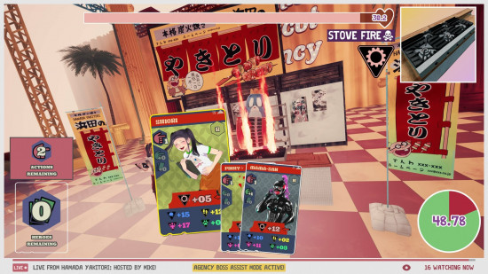 A colorful card game battle in Promise Mascot Agency.