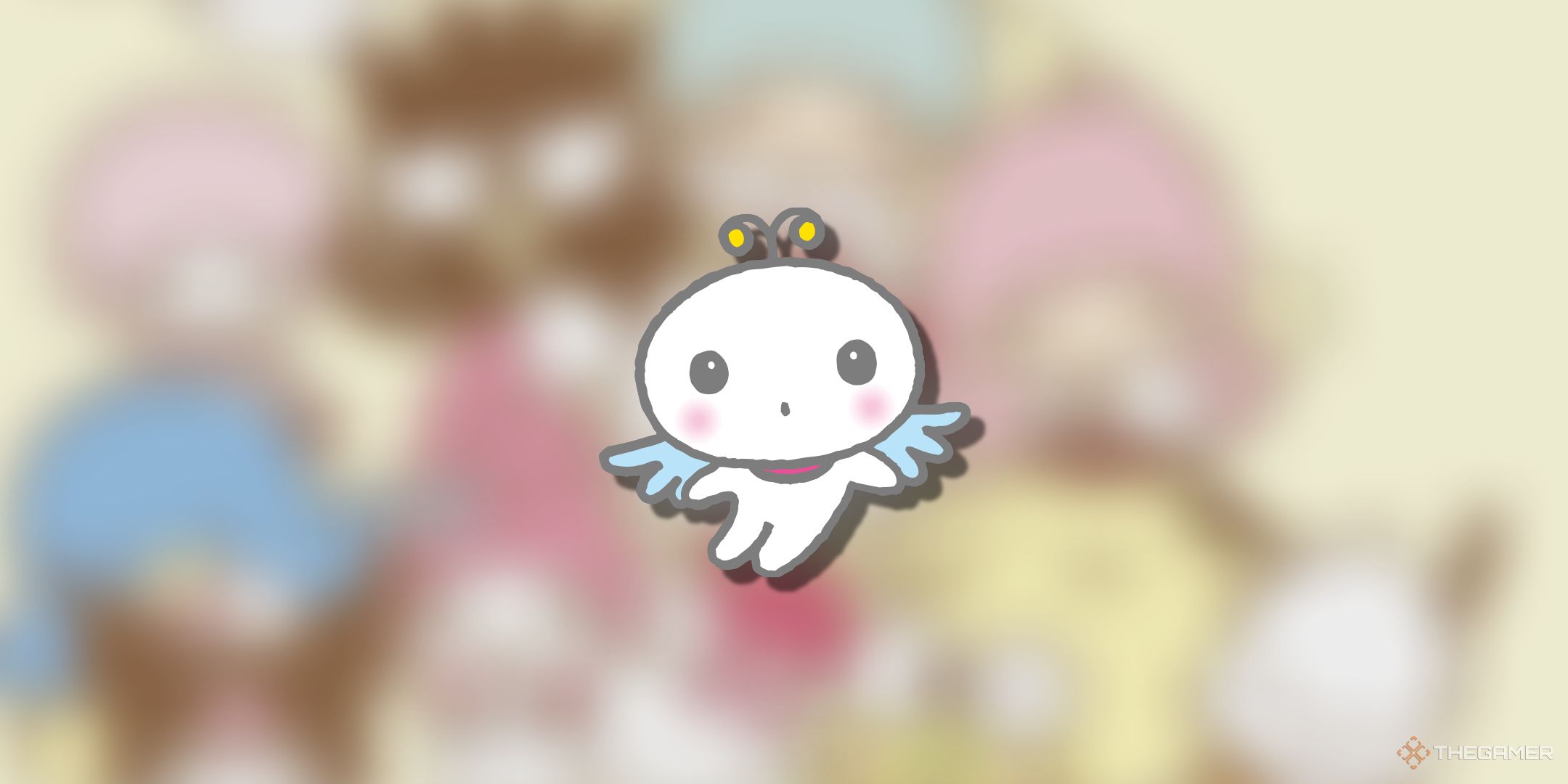 Pururun Kyupi on a blurry Sanrio background.