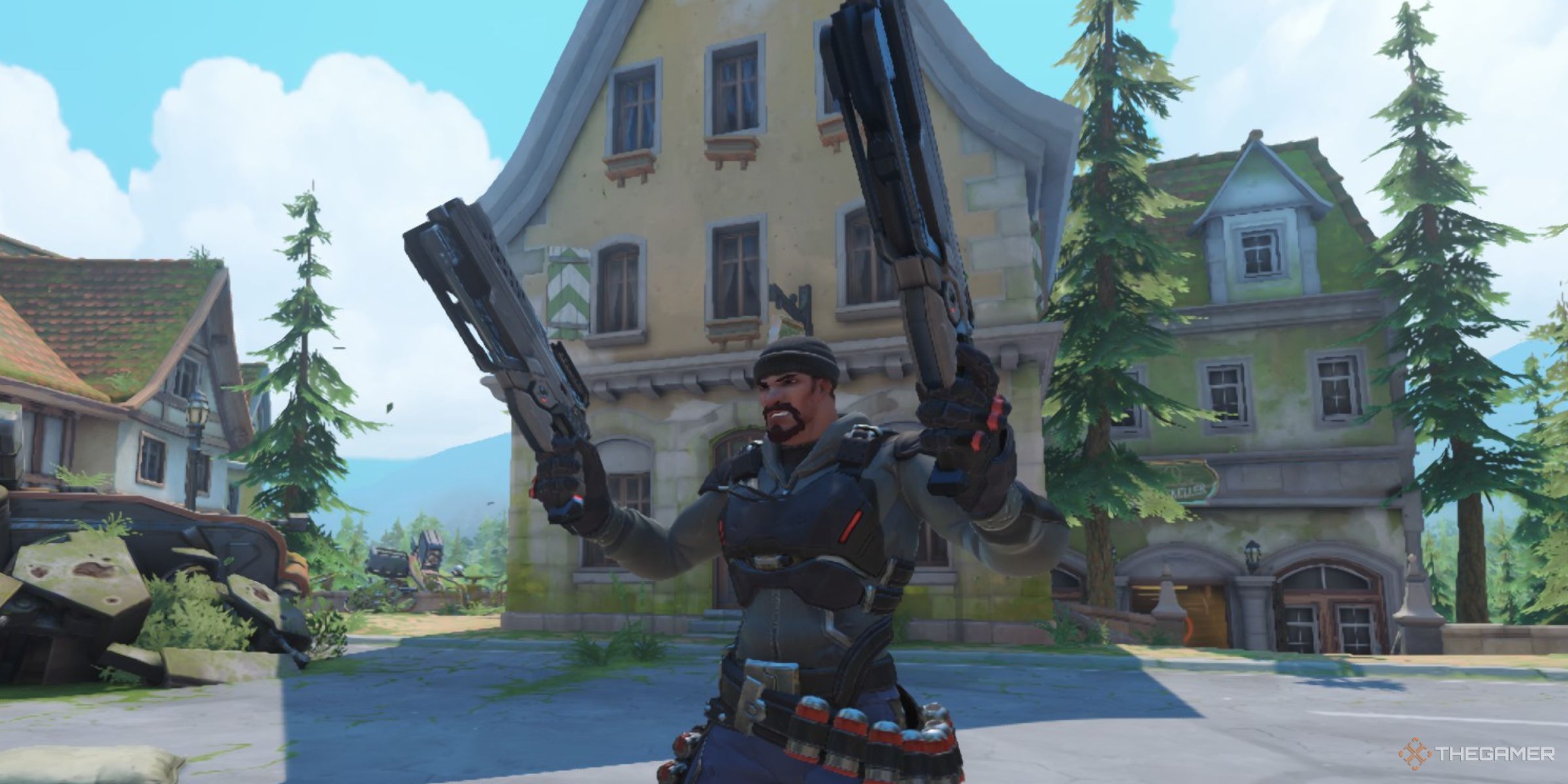 Reaper Using His Dire Triggers Perk To Shoot Both Shotguns At Once In Eichenwalde In Overwatch 2.