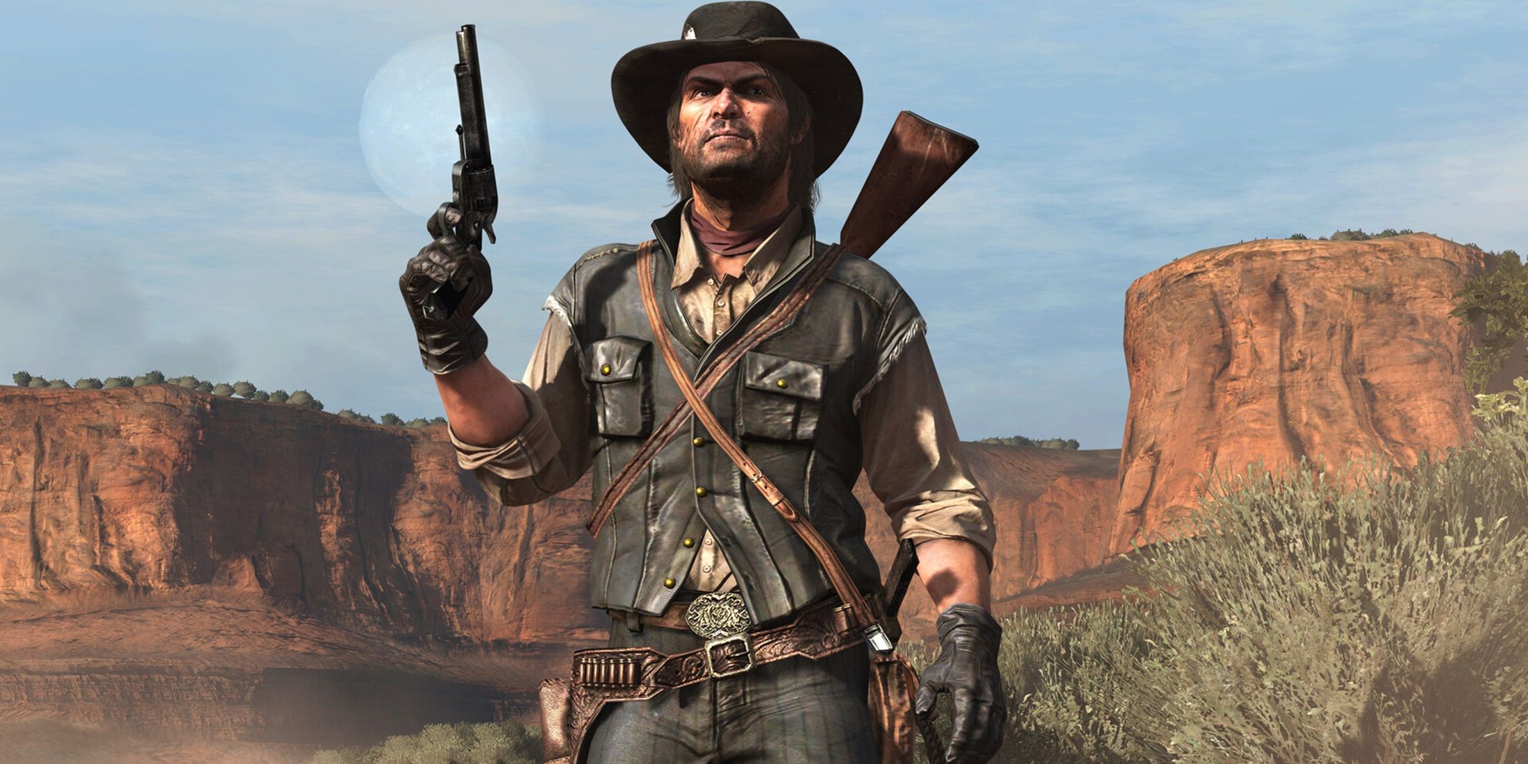 John Marston from Red Dead Redemption holding his weapon 