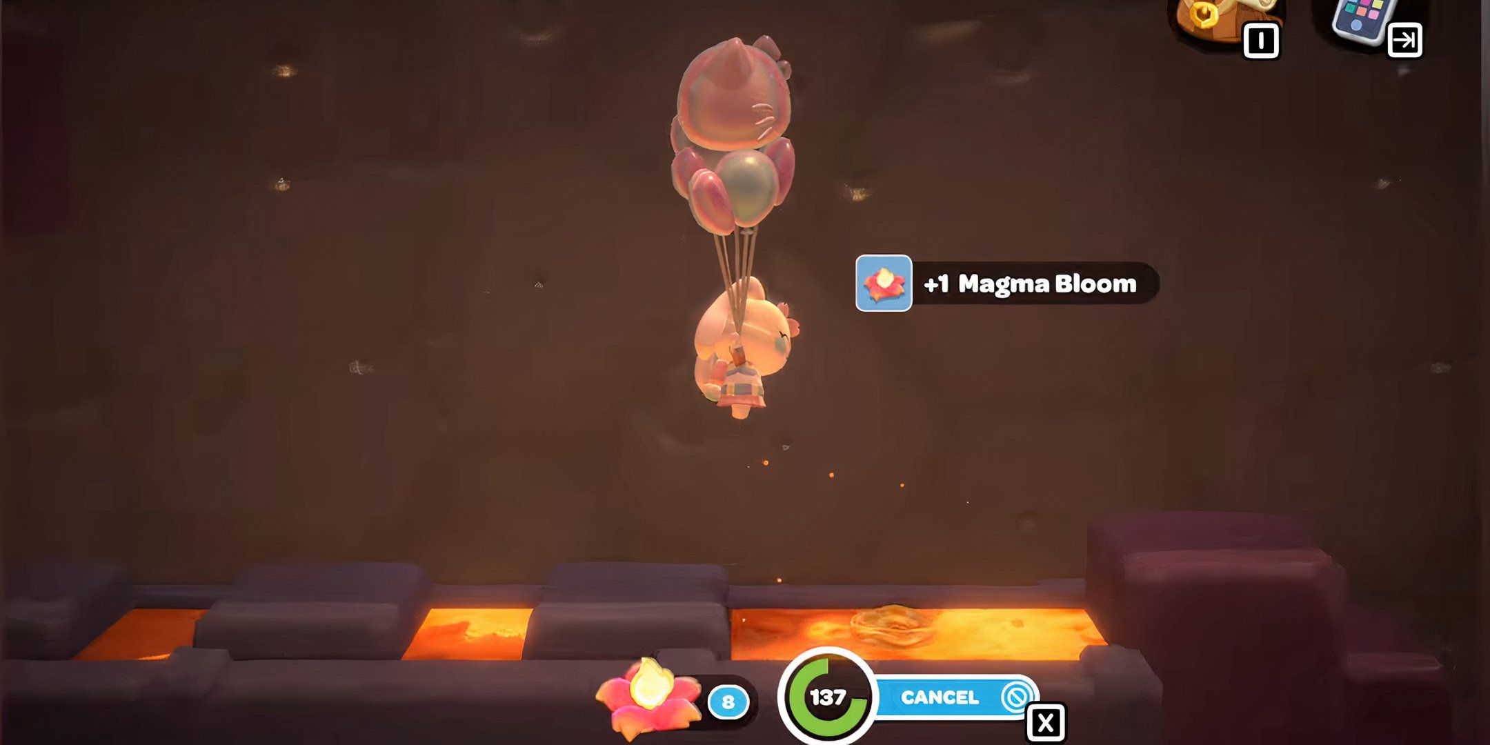 My Melody uses a balloon to travel over hot lava to pick up a magma bloom in Hello Kitty Adventure Idland