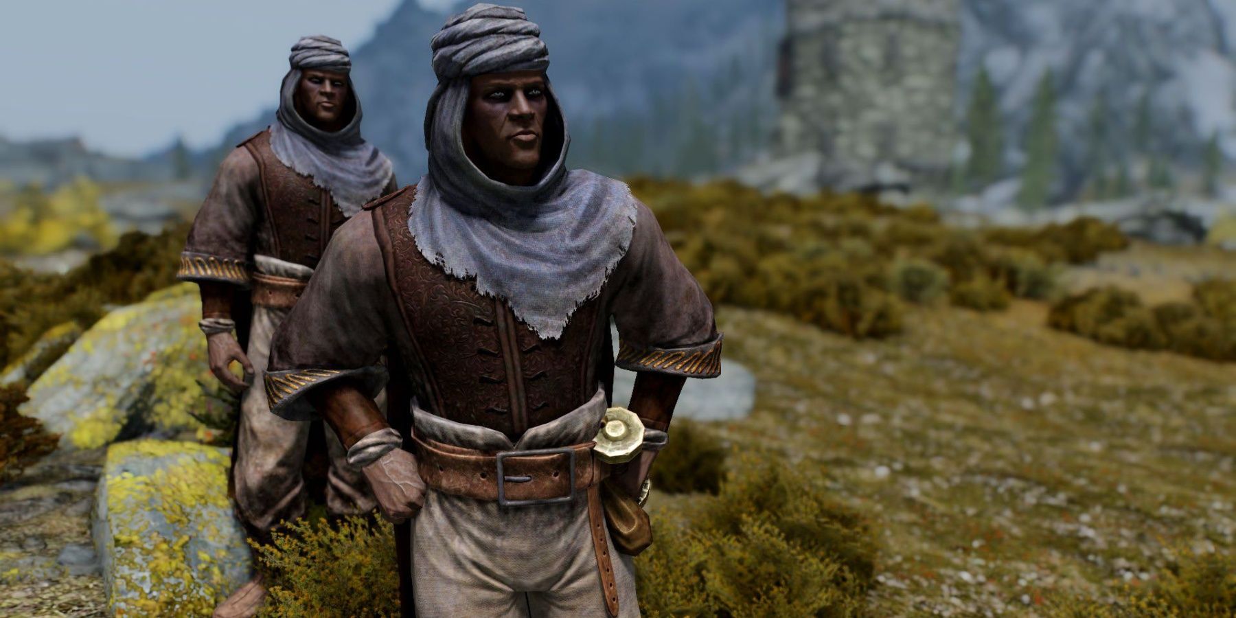 Two Redguards walking around in Skyrim. 