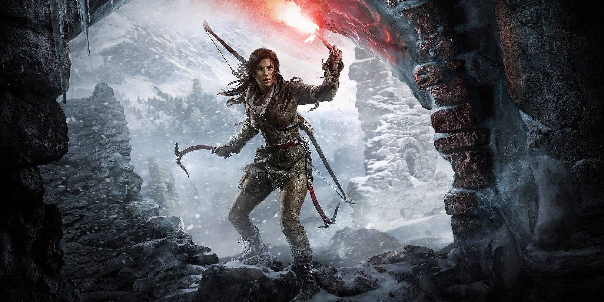 Rise Of The Tomb Raider promo image of Lara Croft holding a flare in an icy cavern.