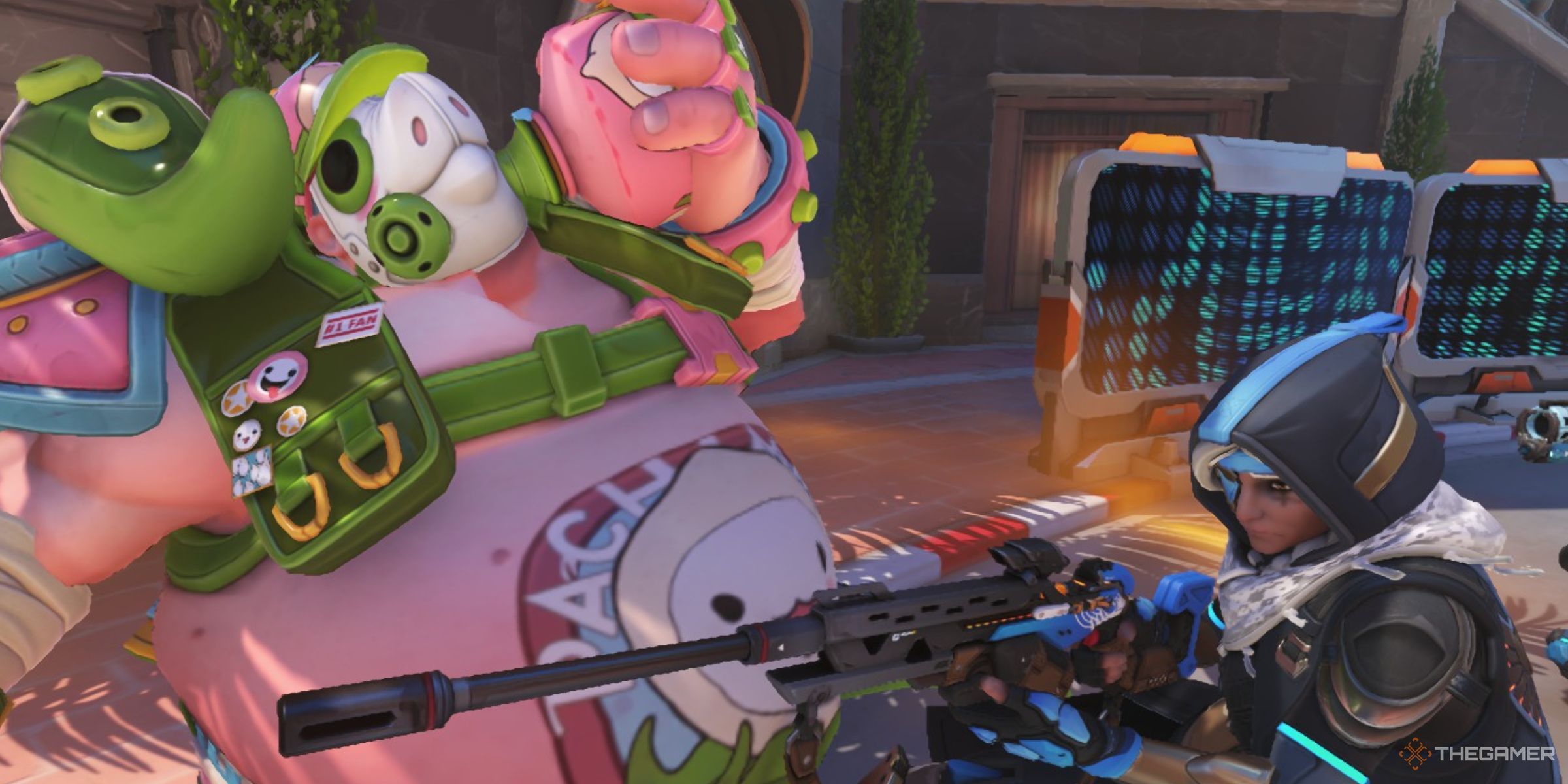 Roadhog Using His Take A Breather Ability With The Hogdrogen Exposure Perk To Heal An Ally Ana In Overwatch 2.