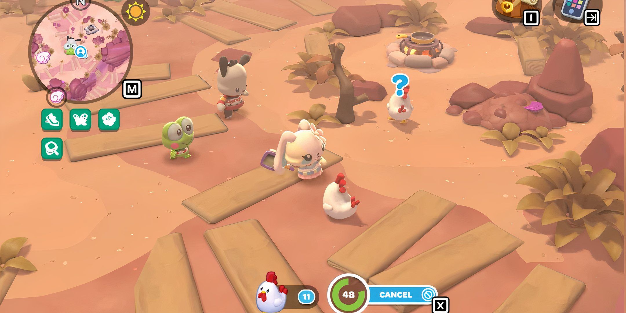 The Character My Melody is chasing some chickens around in a desert like field.