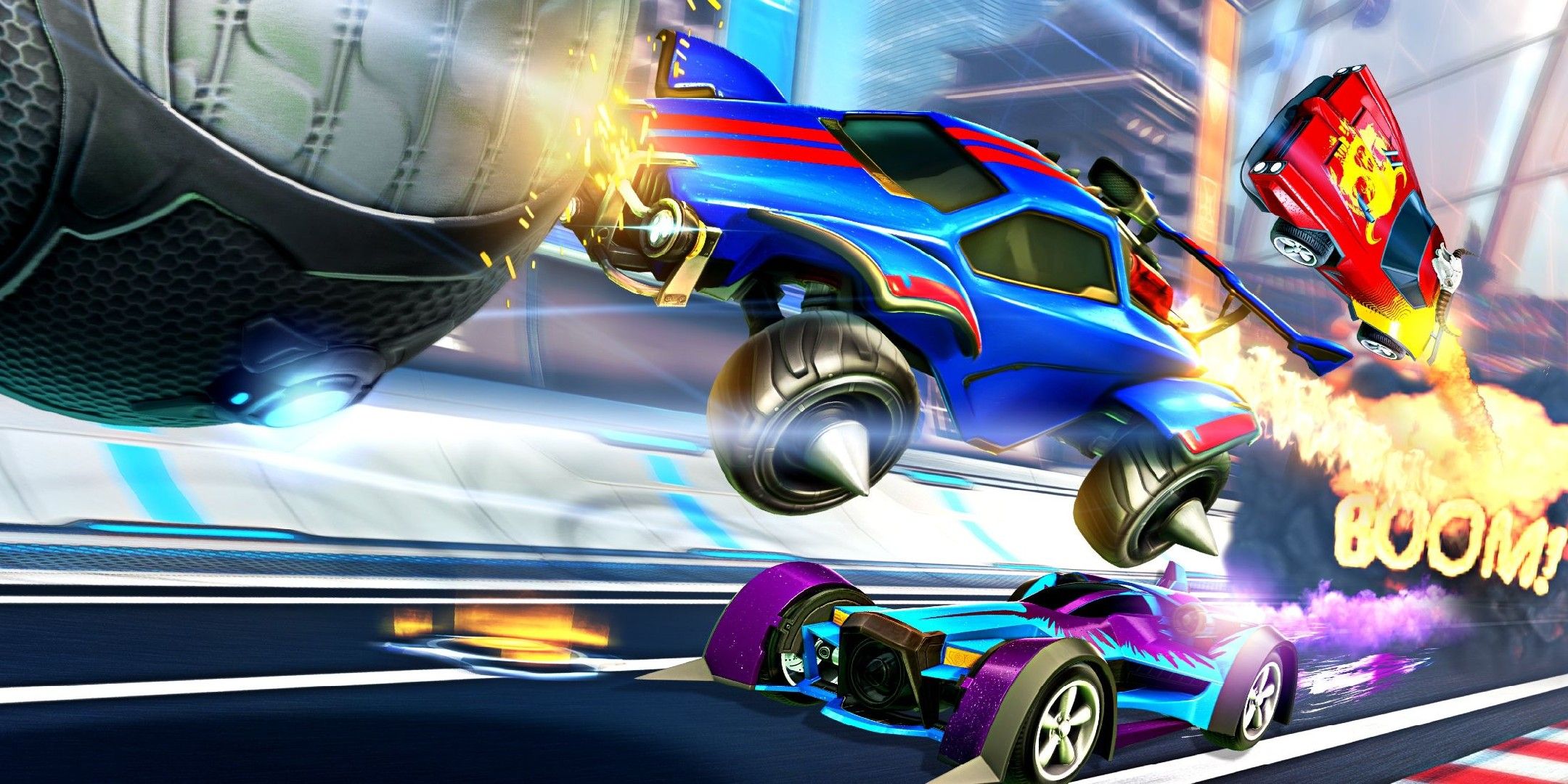 Rocket league iomage showing three cars competing for the ball.