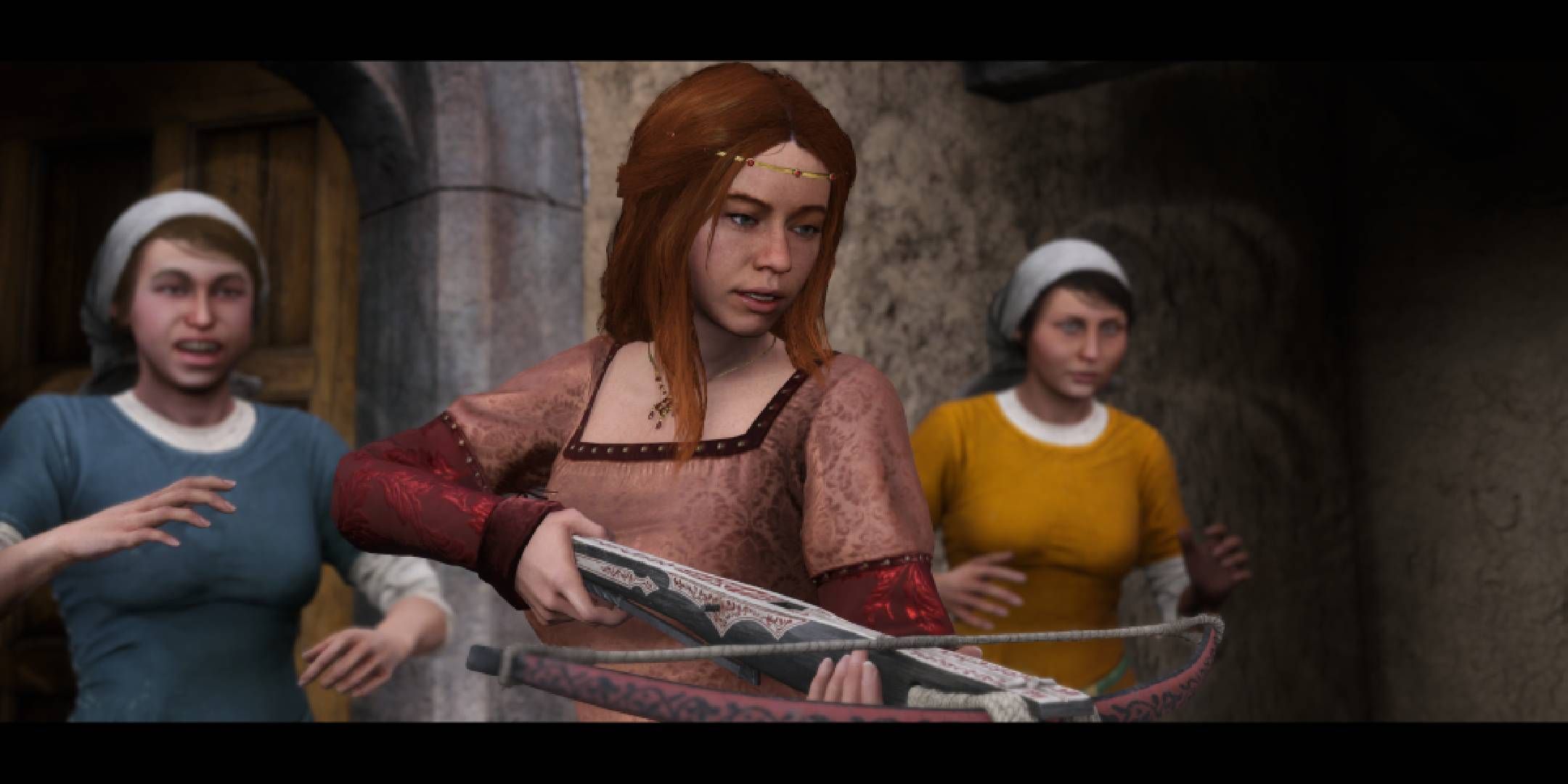 Rosa aiming a crossbow in Kingdom Come: Deliverance 2.