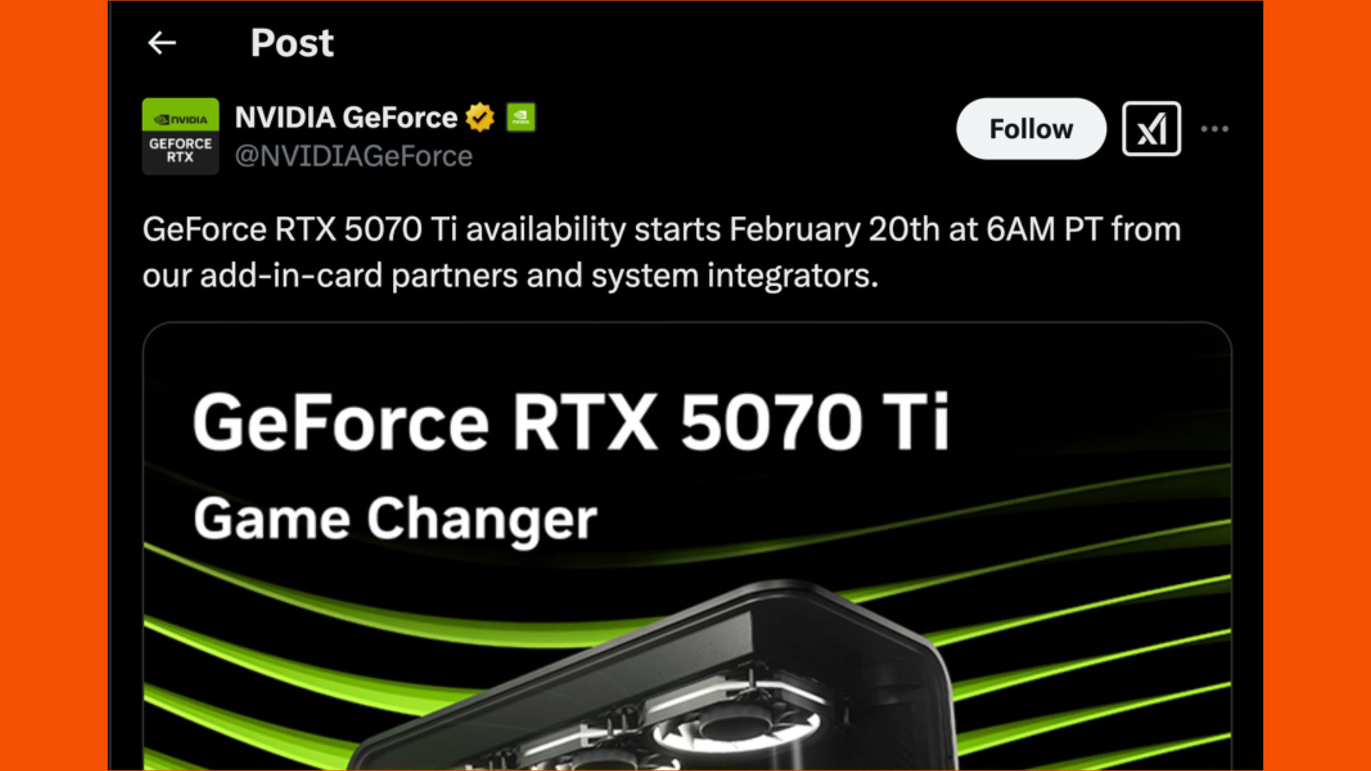 Nvidia RTX 5070 Ti announcement on X