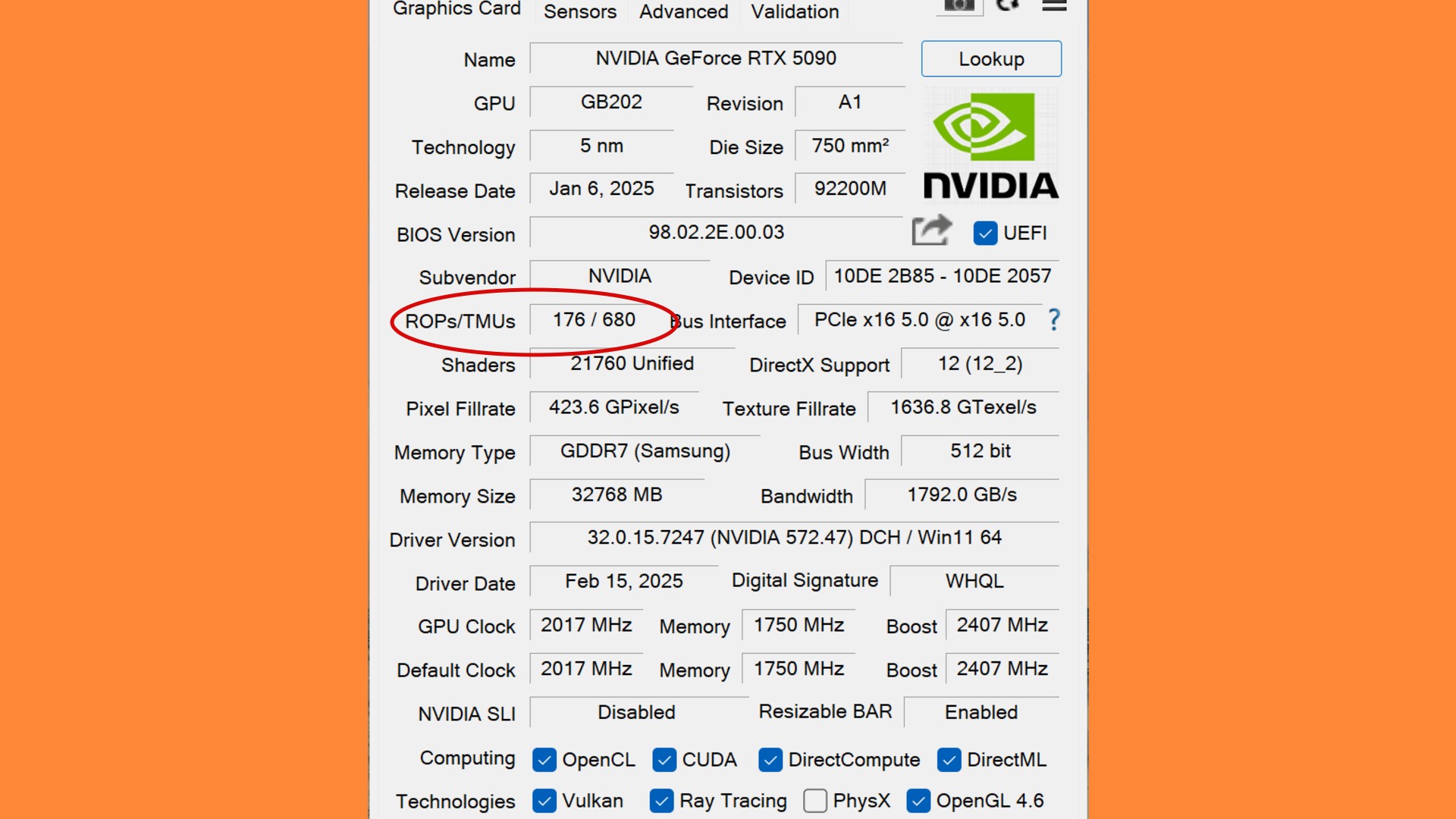 GPU-Z result for an Nvidia GeForce RTX 5090