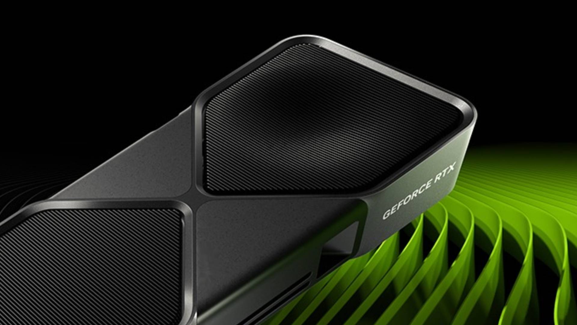 Close up photo of Nvidia GeForce RTX graphics card with green backdrop