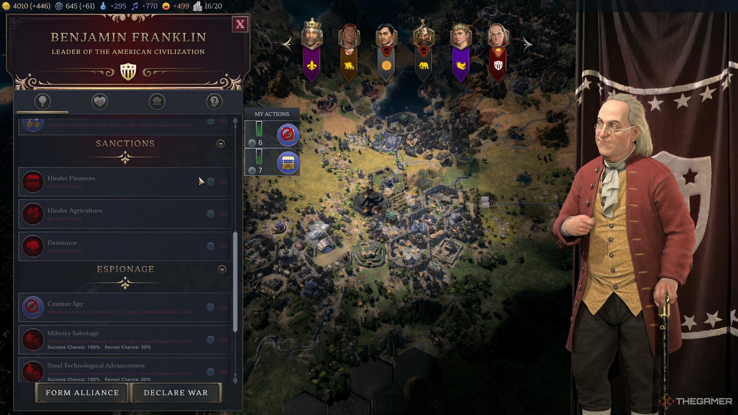 Ben Franklin's diplomacy screen with various leaders in Civ 7. 