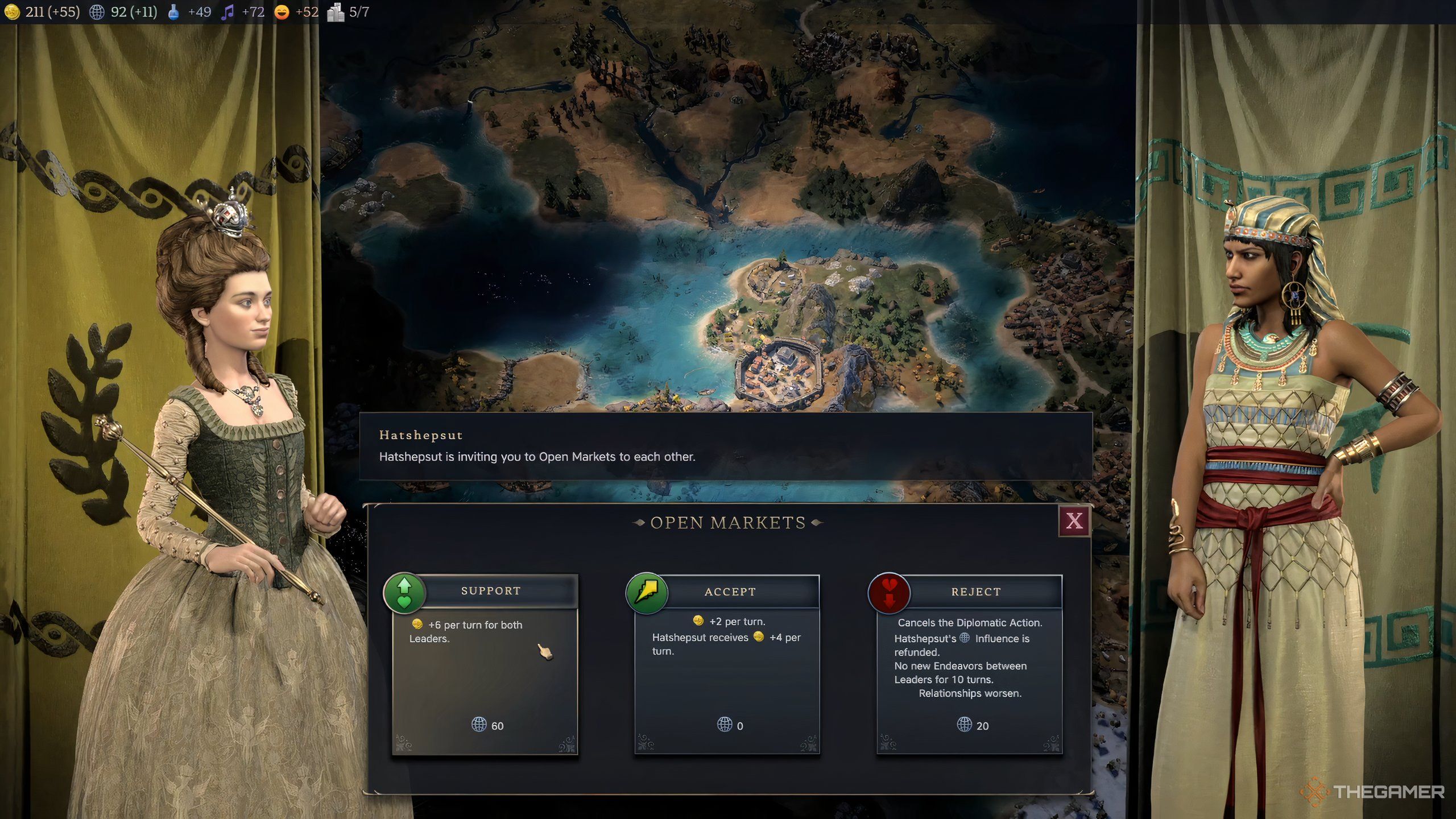 Two leaders in Civilization 7 having diplomacy. 