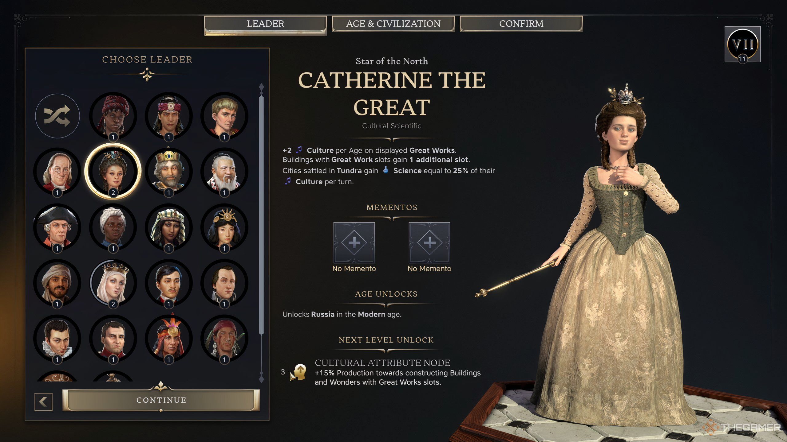 Catherine the Great on the leader selection screen in Civilization 7.