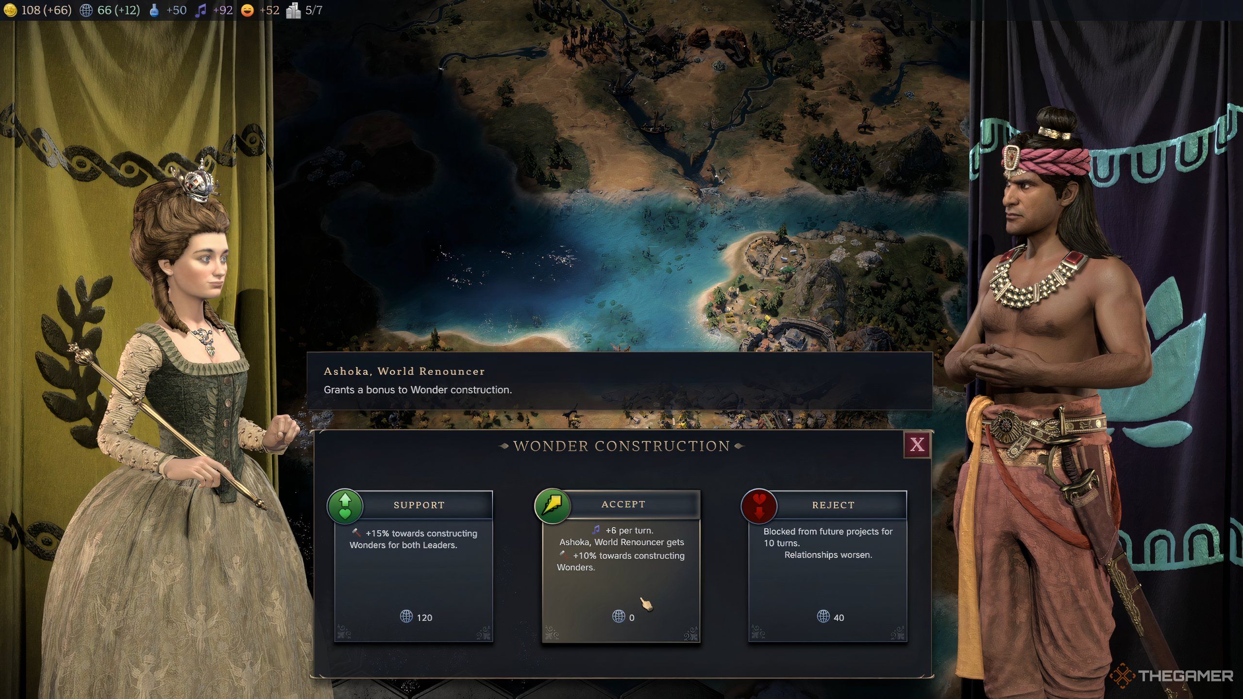 Two leaders in Civilization 7 having diplomacy and starting an endeavor together. 