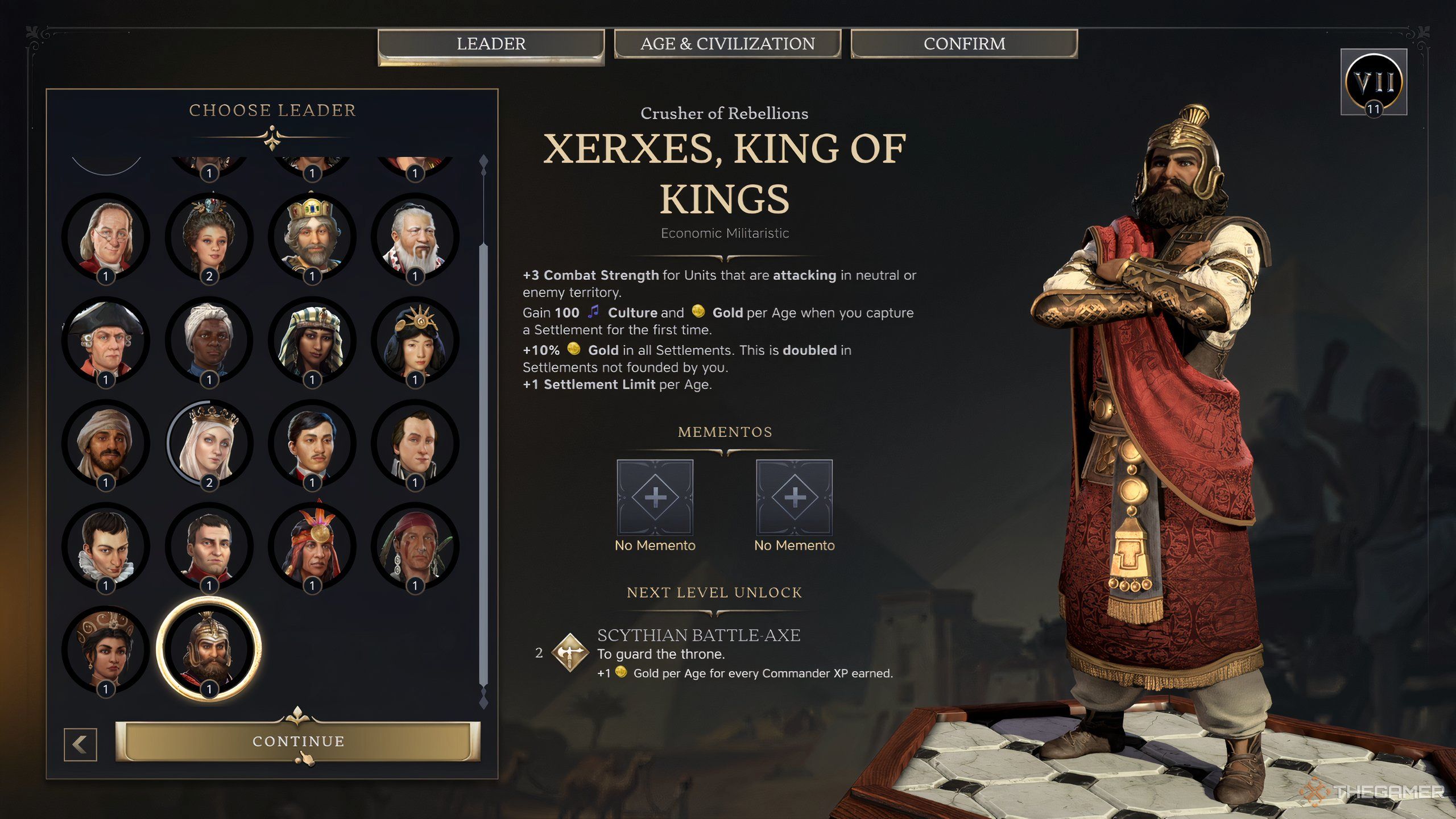 The leader attributes screen for Xerxes, King of Kings in Civ 7. 