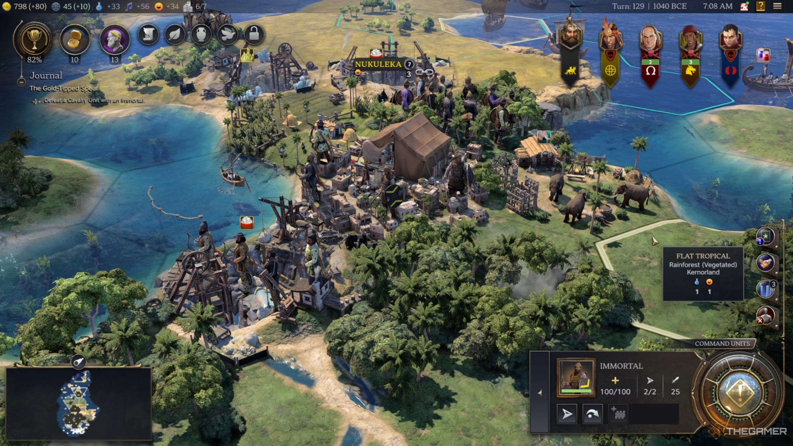 An encampment of soldiers near a settlement in Civilization 7. 