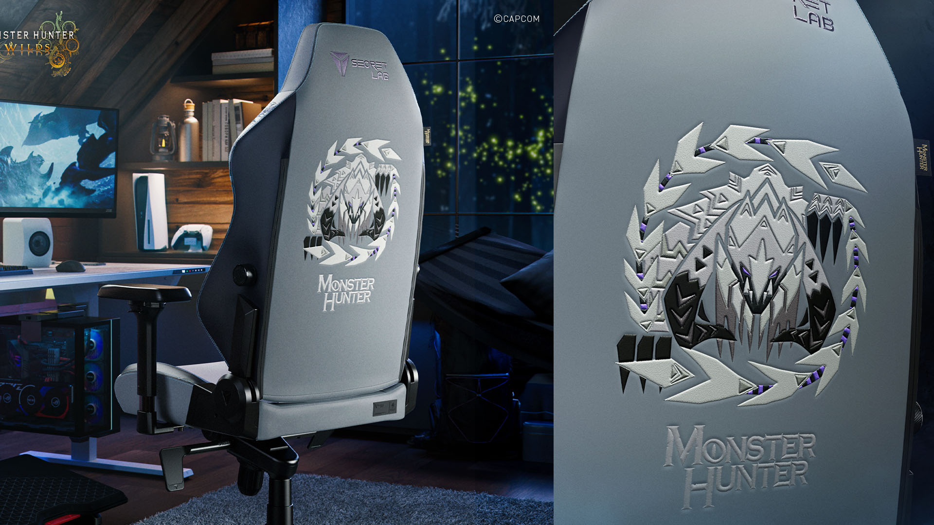 secretlab monster hunter wilds arkveld titan evo gaming chair closeup