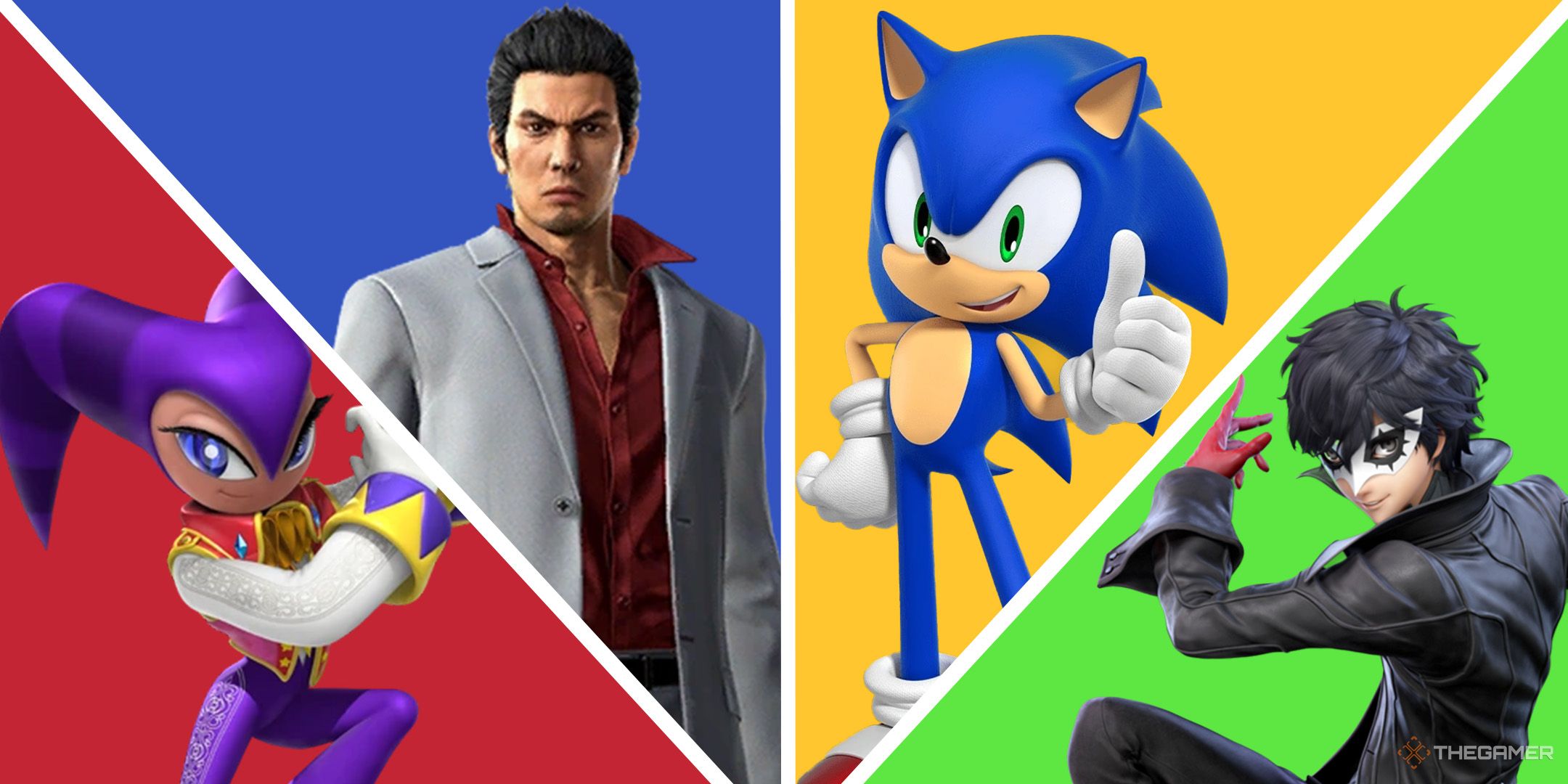 A split image of Sega IPs. From left to right: Nights from Nights into Dreams, Kazuma from Yakuza, Sonic the Hedgehog, and Joker from Persona 5.