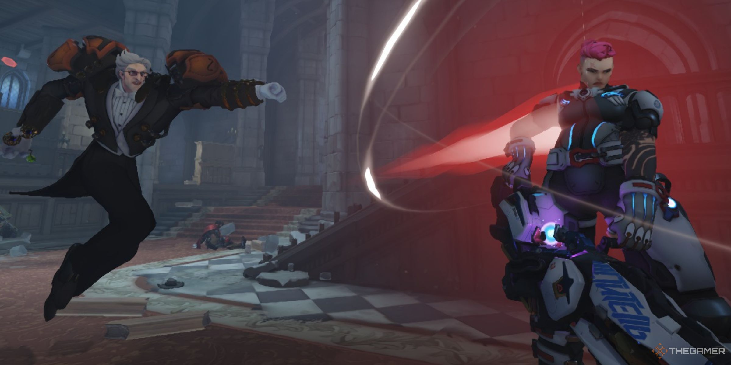 Sigma Using His Hyper Strike Perk To Make Zarya Float Away In Eichenwalde In Overwatch 2.