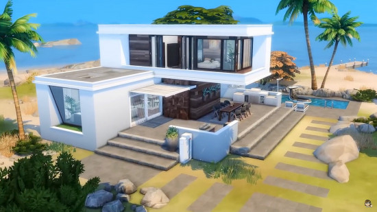 The Sims 4 modern beach house: A stunning, two-floor beach house built in The Sims 4.