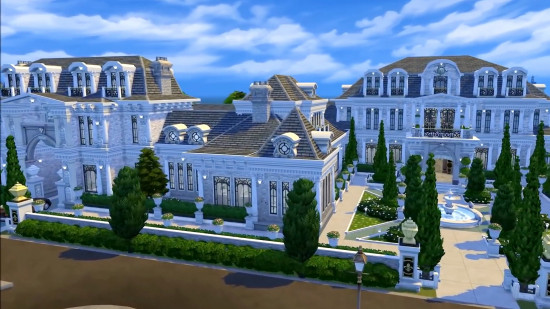 The Sims 4 houses: A vast white mansion built in The Sims 4.