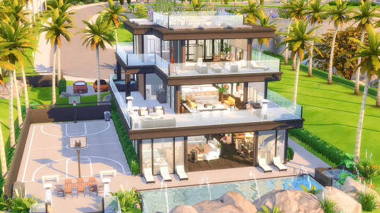 The Sims 4 houses: A three-floor modern mansion build in The Sims 4, based on photos of a real Bel Air mansion.