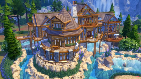 A large Sims 4 house build on rivers and waterfalls.