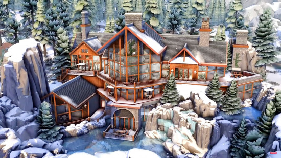 Sims 4 houses: A huge wooden cabin in set in snowy mountains in The Sims 4.