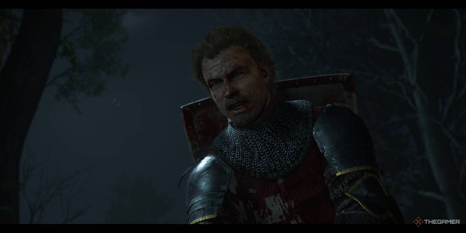 Sir Jan Posy of Zimburg covered in blood mid-fight in Kingdom Come: Deliverance 2.