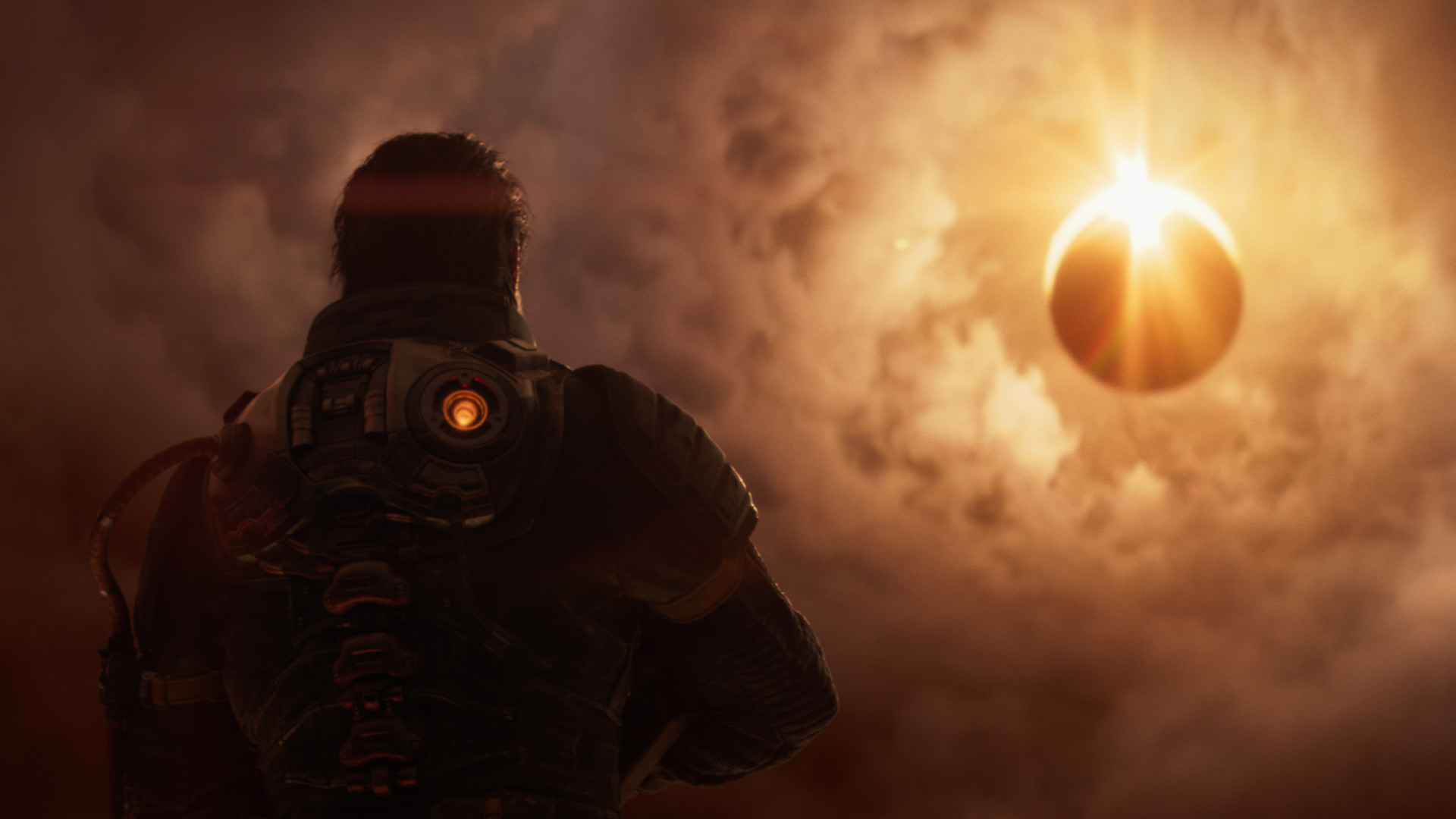 Arjun looking at an eclipse during the new game Saros.