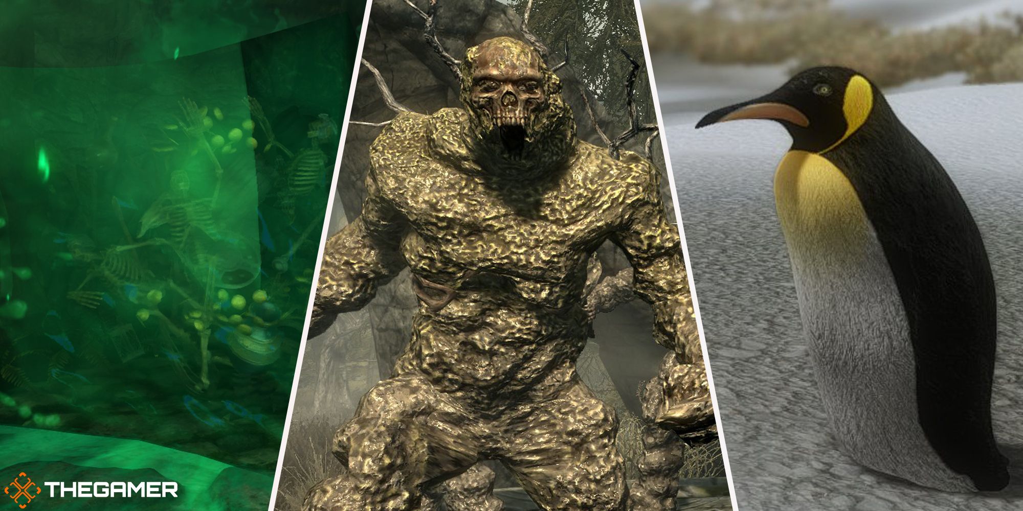 Skyrim - multiple creatures which are added by mods (gelatinous cube, bogmort, and penguin)